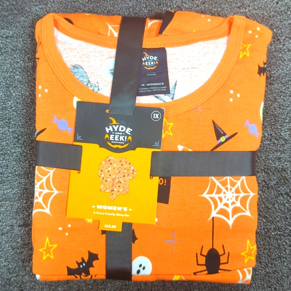 Hyde and Eek! Women's 2 Piece  Sleep Set. Black w Cats Bats Web Candy  NWT 1x